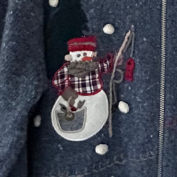 NutCracker knit cardigan fishing snowman reindeer flannel collar Christmas L - Picture 7 of 12